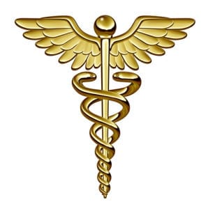 Caduceus medical symbol as a health care and medicine icon with snakes crawling on a pole with wings on golden metal texture isolated on a white background