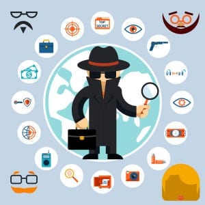 Illustration of a spy with accessories icons. Spy in the black coat and hat with a magnifying glass and briefcase