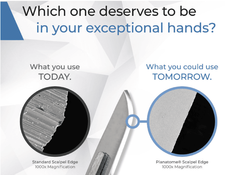 Advertisement showing the difference between the standard scalpel and the planatome scalpel