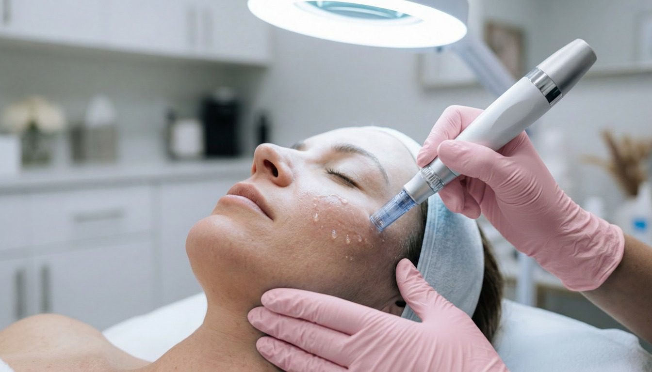 A patient receives radiofrequency microneedling at the cheek with a pen-style device, illustrating the post-procedure window when topical recombinant pure PDGF (Ariessence pure PDGF+) is applied. Reviewed by Dr. Frank Agullo, MD, FACS, double board-certified plastic surgeon at Southwest Plastic Surgery in El Paso, Texas.