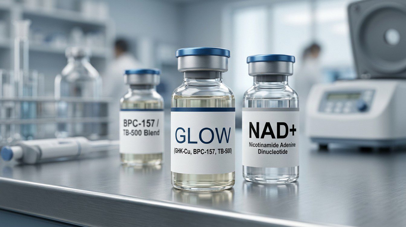 GLOW peptide blend (GHK-Cu, BPC-157, TB-500) and NAD plus vials prepared on a sterile clinical surface, illustrating the post-operative peptide recovery protocol prescribed by Dr. Frank Agullo, MD, FACS, double board-certified plastic surgeon at Southwest Plastic Surgery in El Paso, Texas.