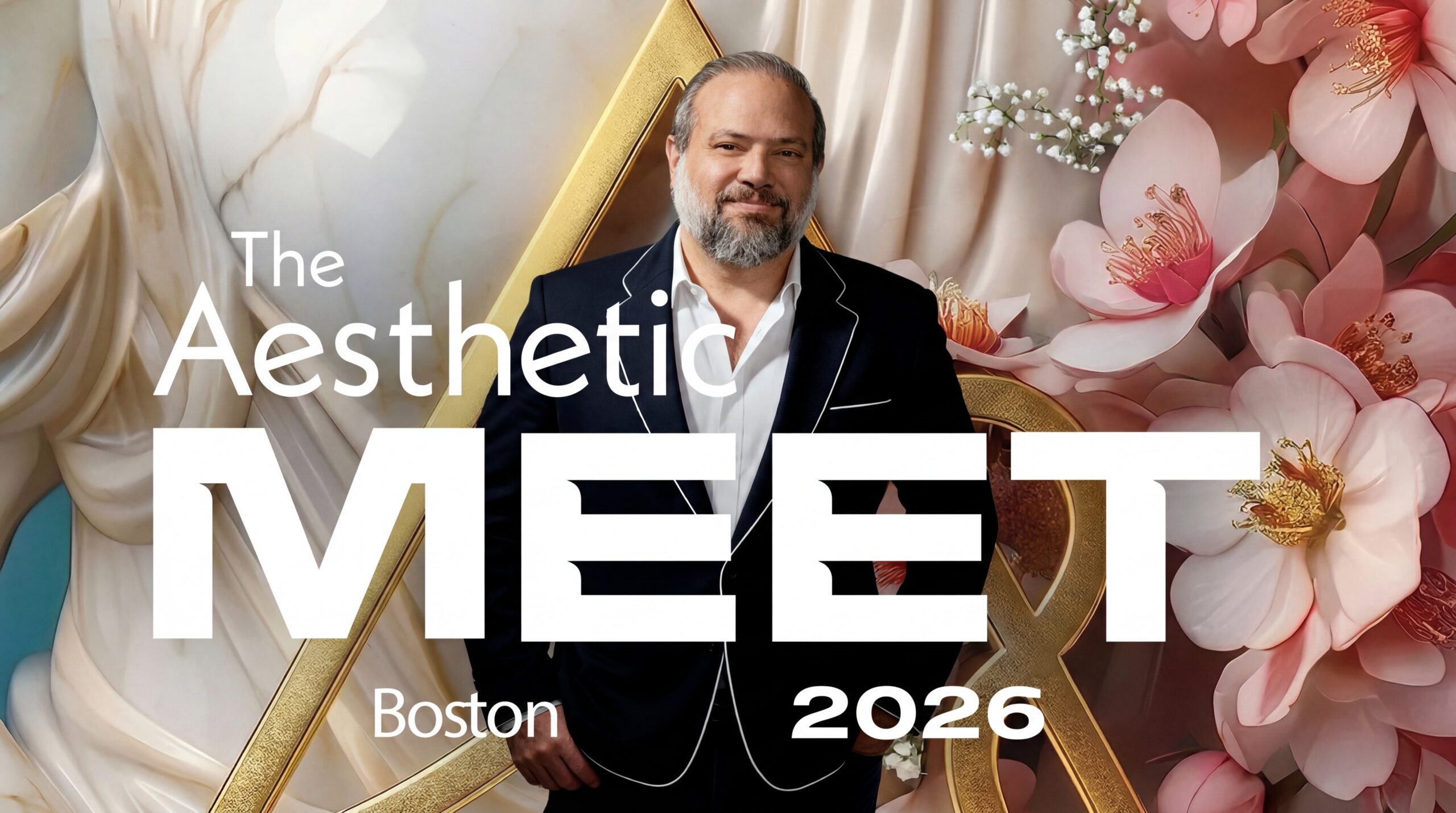 Dr. Frank Agullo, MD, FACS, double board-certified plastic surgeon, at The Aesthetic Meeting 2026 in Boston, in front of the The Aesthetic MEET Boston 2026 floral and gold branded backdrop, where he presented in the practice-management track on AI for reputation management.
