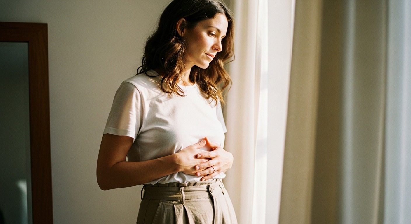 Documentary natural-light color portrait of a postpartum woman in a soft white cotton tee and oatmeal linen pants, hands resting gently across her midsection, contemplative downward gaze in soft morning window light. Diastasis recti repair with Dr. Frank Agullo, MD, FACS, double board-certified plastic surgeon at Southwest Plastic Surgery in El Paso, Texas.