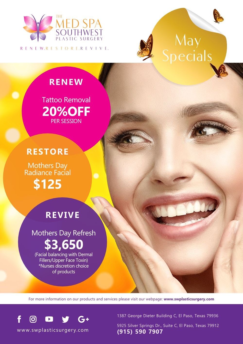 May Med Spa Specials at The Med Spa at Southwest Plastic Surgery East and West, El Paso Texas, supervised by Frank Agullo, MD, FACS, double board-certified plastic surgeon