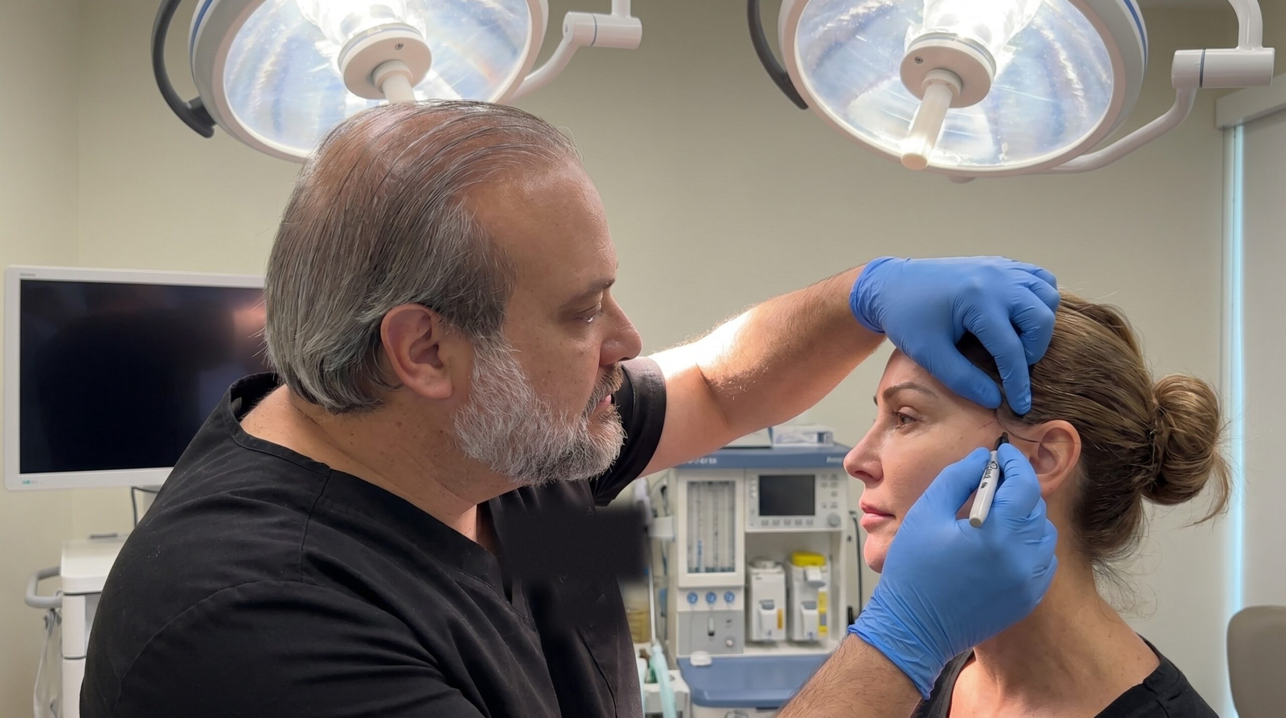 Dr. Frank Agullo, MD, FACS, double board-certified plastic surgeon and founder of Southwest Plastic Surgery in El Paso, Texas, in black scrubs marking a patient face during pre-procedure planning, illustrating the preservation-era approach described in his Connectively bylined article.