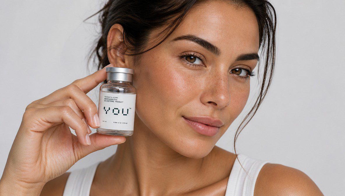 A vial of personalized YOU by Acorn secretome serum, derived from the growth factors and proteins produced by the patient's own hair follicle mesenchymal stem cells, applied through microneedling, Morpheus8, or fractional laser microchannels in the practice of Dr. Frank Agullo, MD, FACS, double board-certified plastic surgeon at Southwest Plastic Surgery in El Paso, Texas.