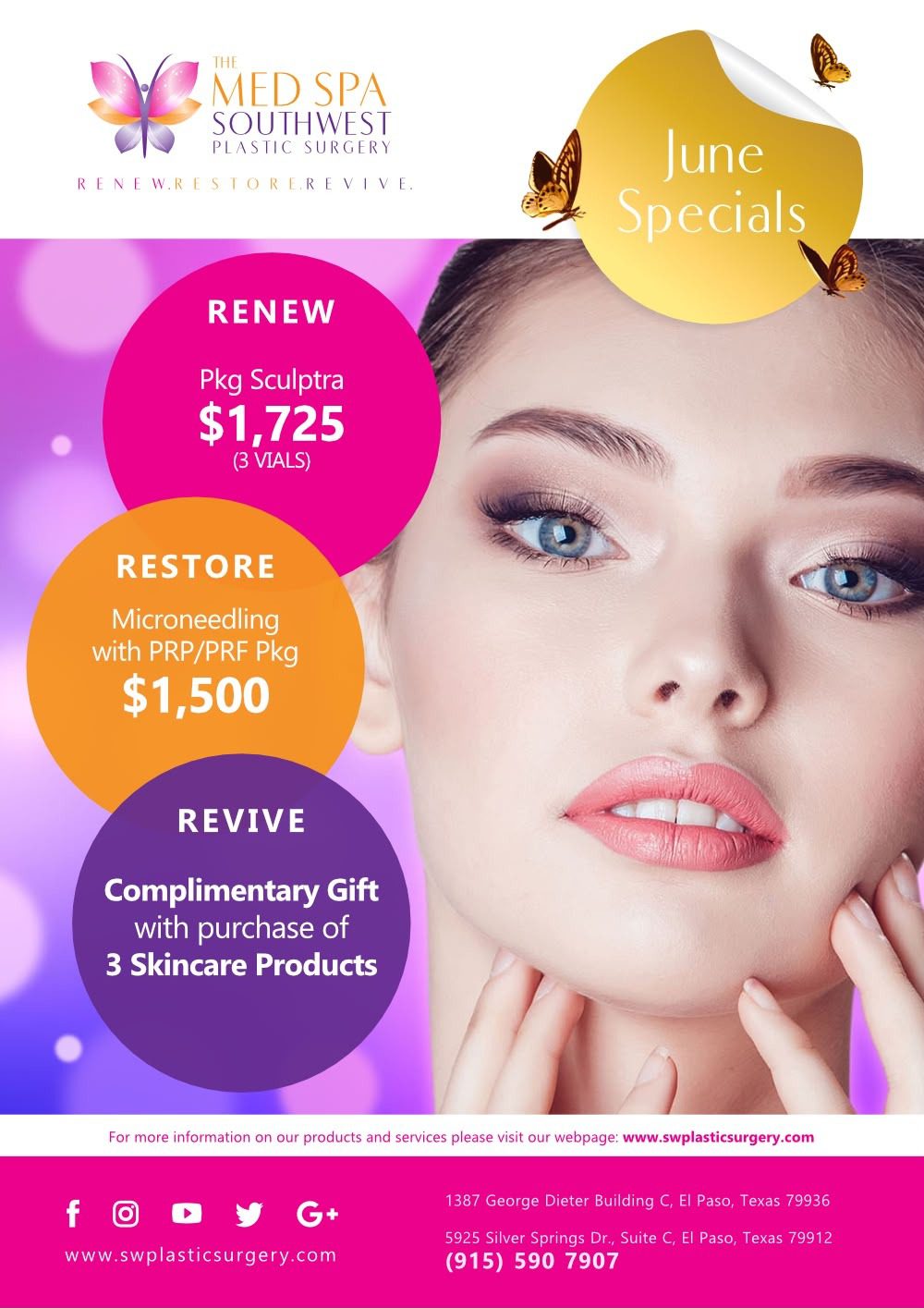 June Med Spa Specials flyer at The Med Spa at Southwest Plastic Surgery East and West, El Paso Texas, supervised by Frank Agullo, MD, FACS, double board-certified plastic surgeon
