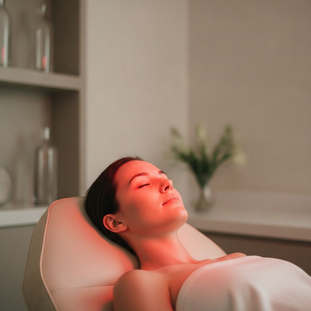 Patient receiving an LED light therapy session in a treatment room, soft red glow on the skin. LED red light therapy at Southwest Plastic Surgery in El Paso, Texas.