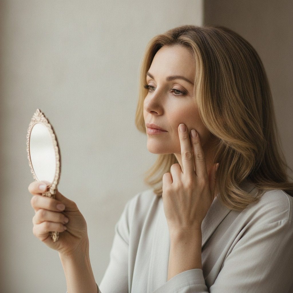 Woman in her forties looking in a handheld mirror in soft daylight, fingertips lightly at her cheek. Nonsurgical facial lifting consultation with Dr. Frank Agullo, MD, FACS, in El Paso, Texas.