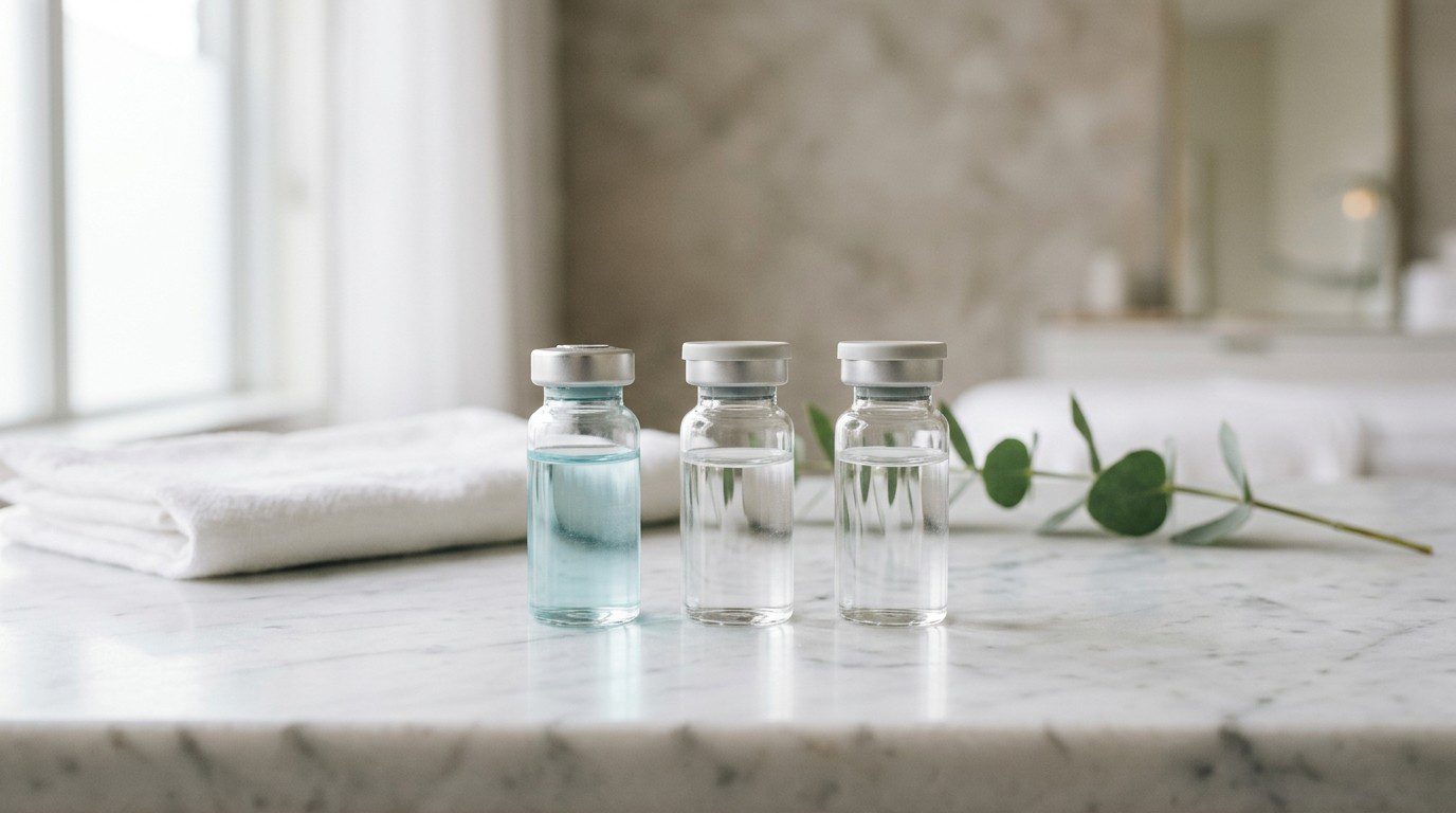NAD plus and GHK-Cu copper peptide vials on a marble medspa counter, illustrating the standalone wellness peptide protocol prescribed by Dr. Frank Agullo, MD, FACS, double board-certified plastic surgeon at Southwest Plastic Surgery in El Paso, Texas