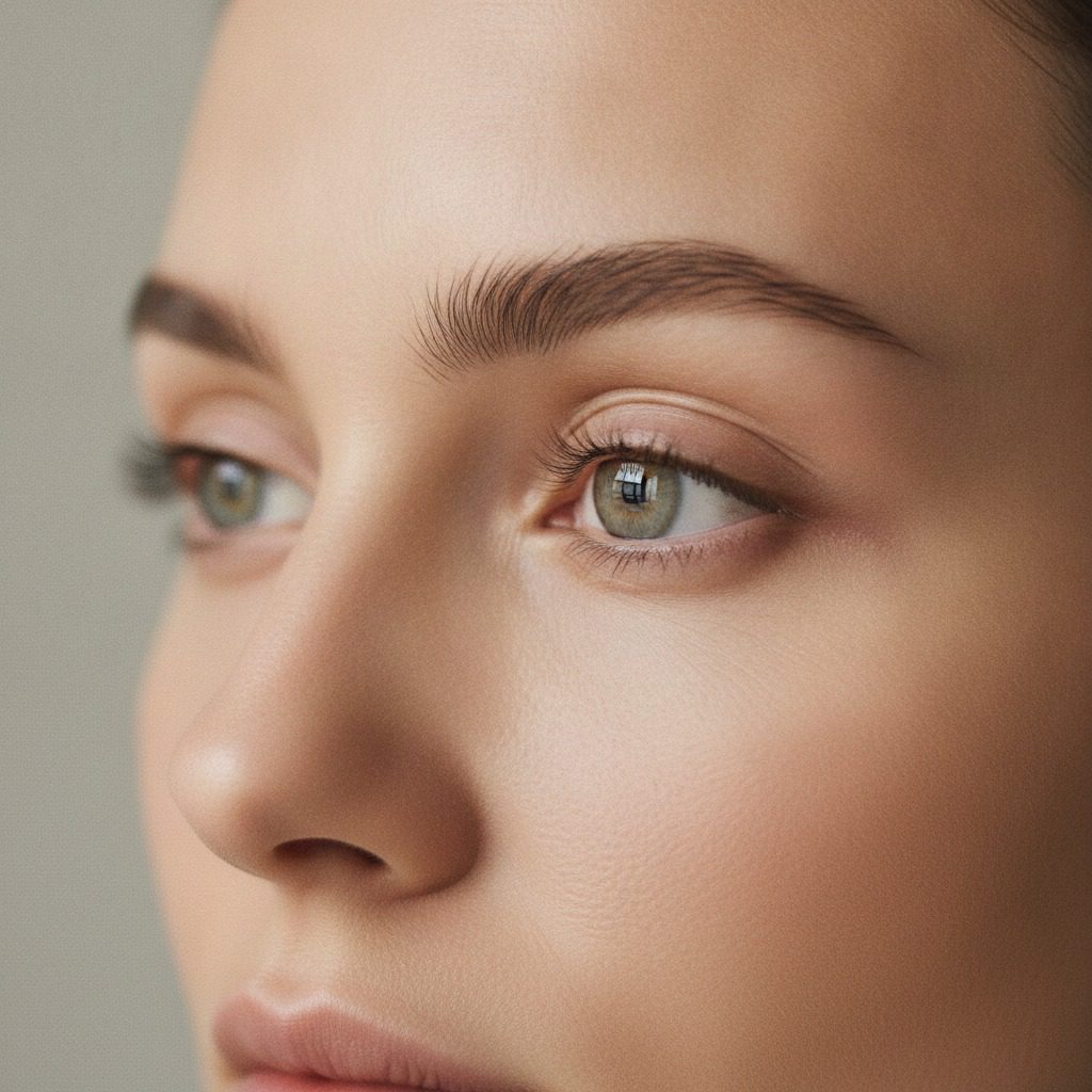 A patient's eyes examined in a bright El Paso consultation room, surgeon's hand near the brow. Eyelid surgery planning with Dr. Frank Agullo, MD, FACS.
