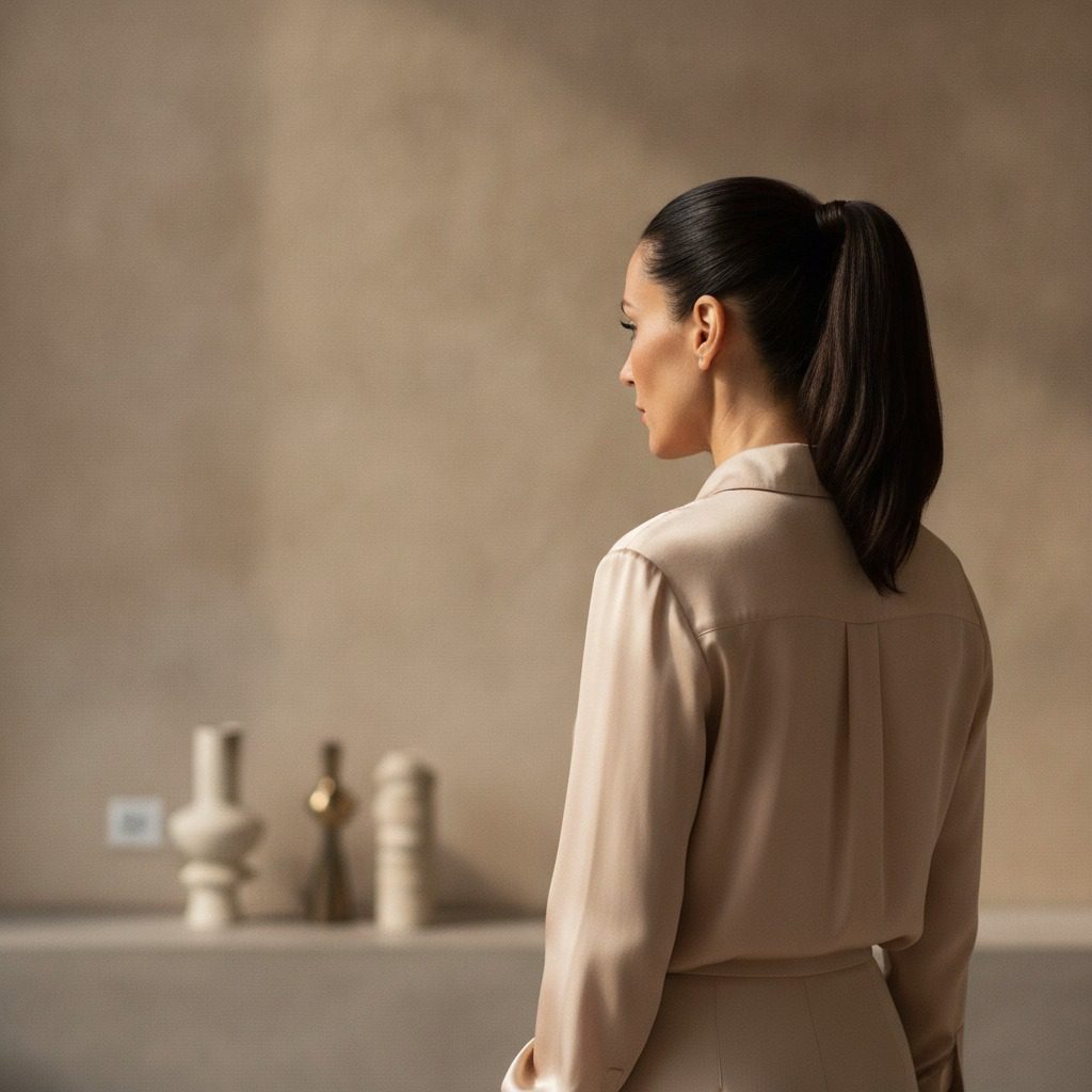 A patient in profile with hair pulled back during a facelift consultation in a bright El Paso office. Ponytail deep plane facelift planning with Dr. Frank Agullo, MD, FACS.