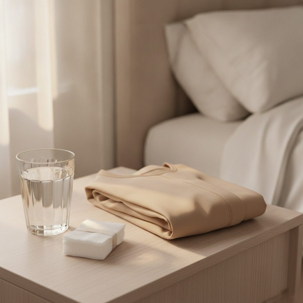 Recovery essentials in soft daylight, a compression garment and water on a table. Aftercare guidance by Dr. Frank Agullo, MD, FACS, in El Paso, Texas.