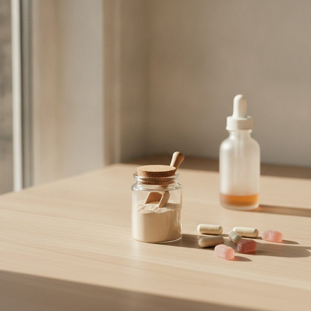 A scoop of collagen powder beside a glass of water, a supplement jar, and a serum bottle on a bright kitchen counter, illustrating collagen supplement guidance from Agullo Plastic Surgery in El Paso.