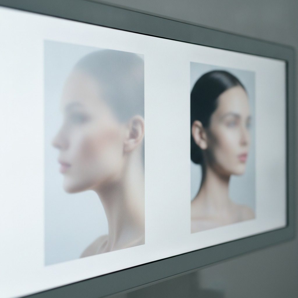 Two portrait photographs side by side on a screen for comparison, soft daylight. Aesthetic analysis by Dr. Frank Agullo, MD, FACS, double board-certified plastic surgeon in El Paso, Texas.