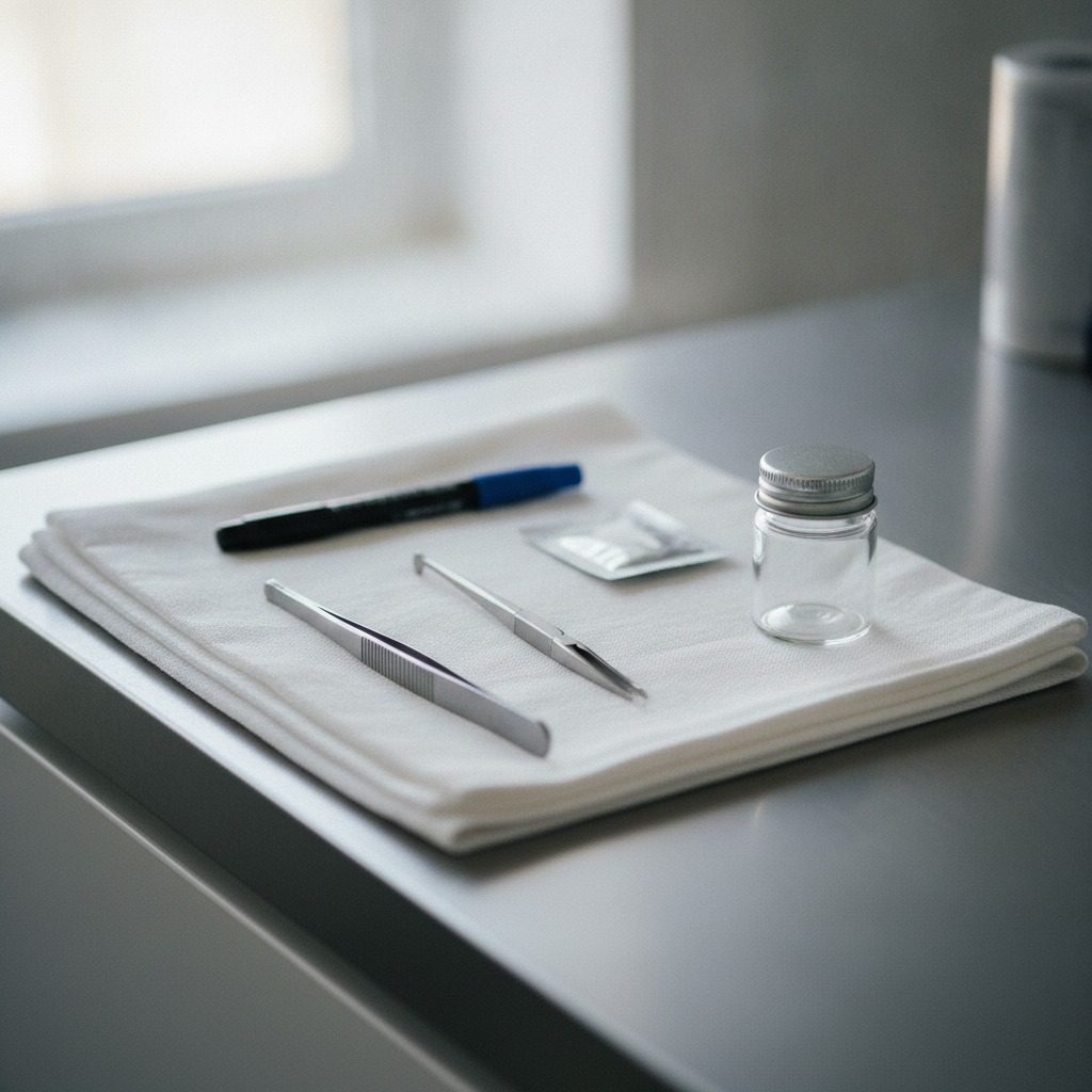 Sterile instrument tray with fine sutures and a marking pen prepared for an in-office skin lesion excision at the El Paso practice of Dr. Frank Agullo, MD, FACS.