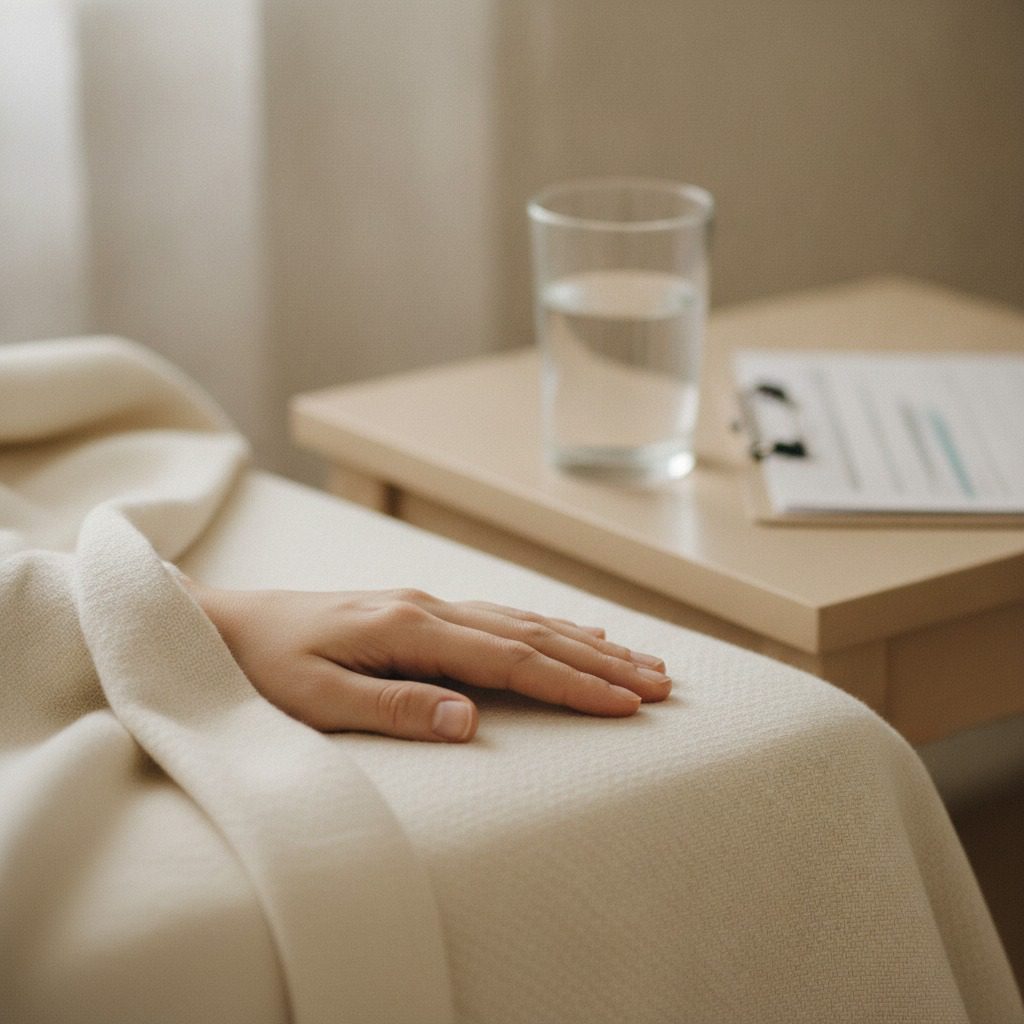 A patient's hand resting on a bedside blanket beside a folded recovery chart in soft daylight, illustrating close postoperative monitoring at Agullo Plastic Surgery in El Paso.