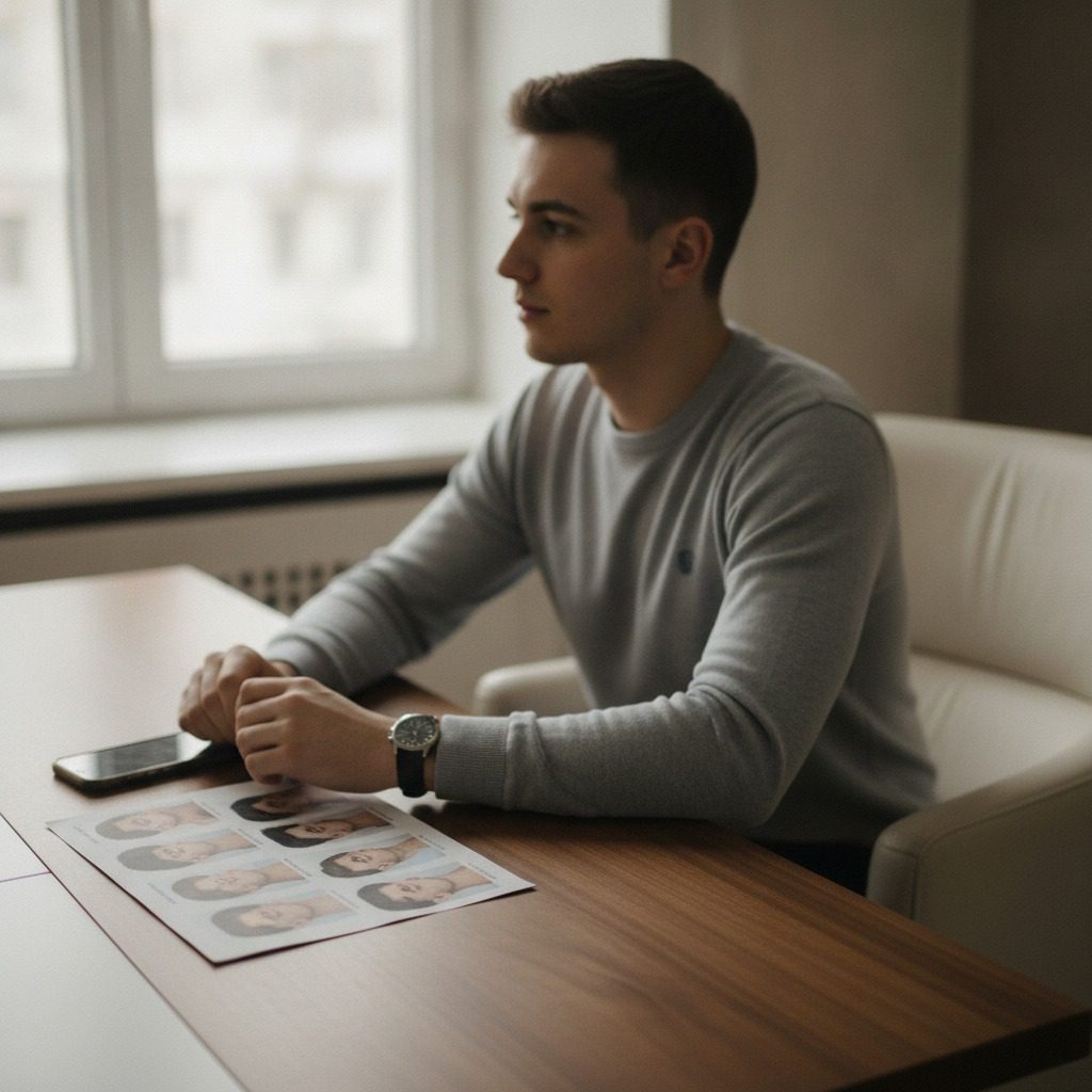 A young man in a modern aesthetic consultation setting, soft daylight. Male aesthetics commentary by Dr. Frank Agullo, MD, FACS, double board-certified plastic surgeon in El Paso, Texas.