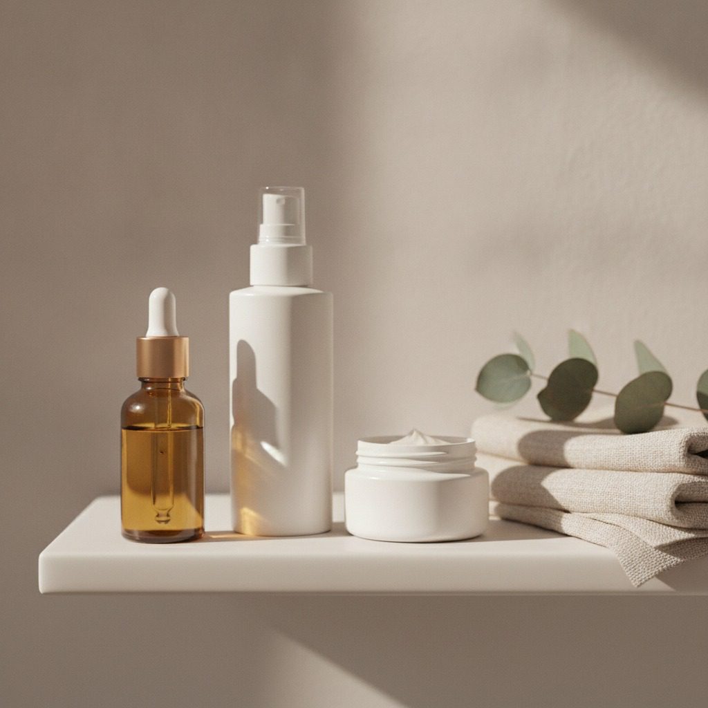 Skincare serums, a mineral sunscreen, and a glass of water arranged in morning light, illustrating a skin longevity routine from Agullo Plastic Surgery in El Paso.