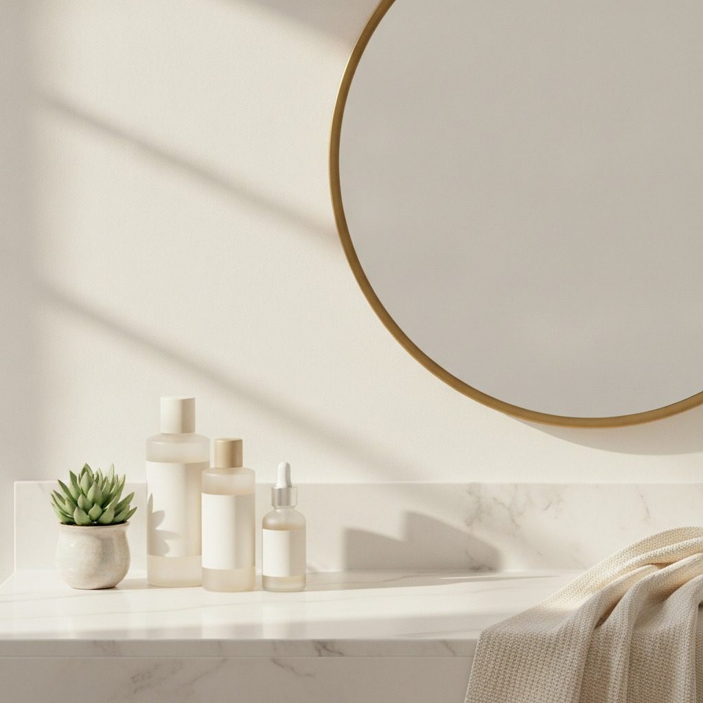 A bright bathroom counter with a mirror and skincare bottles, illustrating Dr. Frank Agullo's guide to the facial triangle of death for Agullo Plastic Surgery in El Paso.