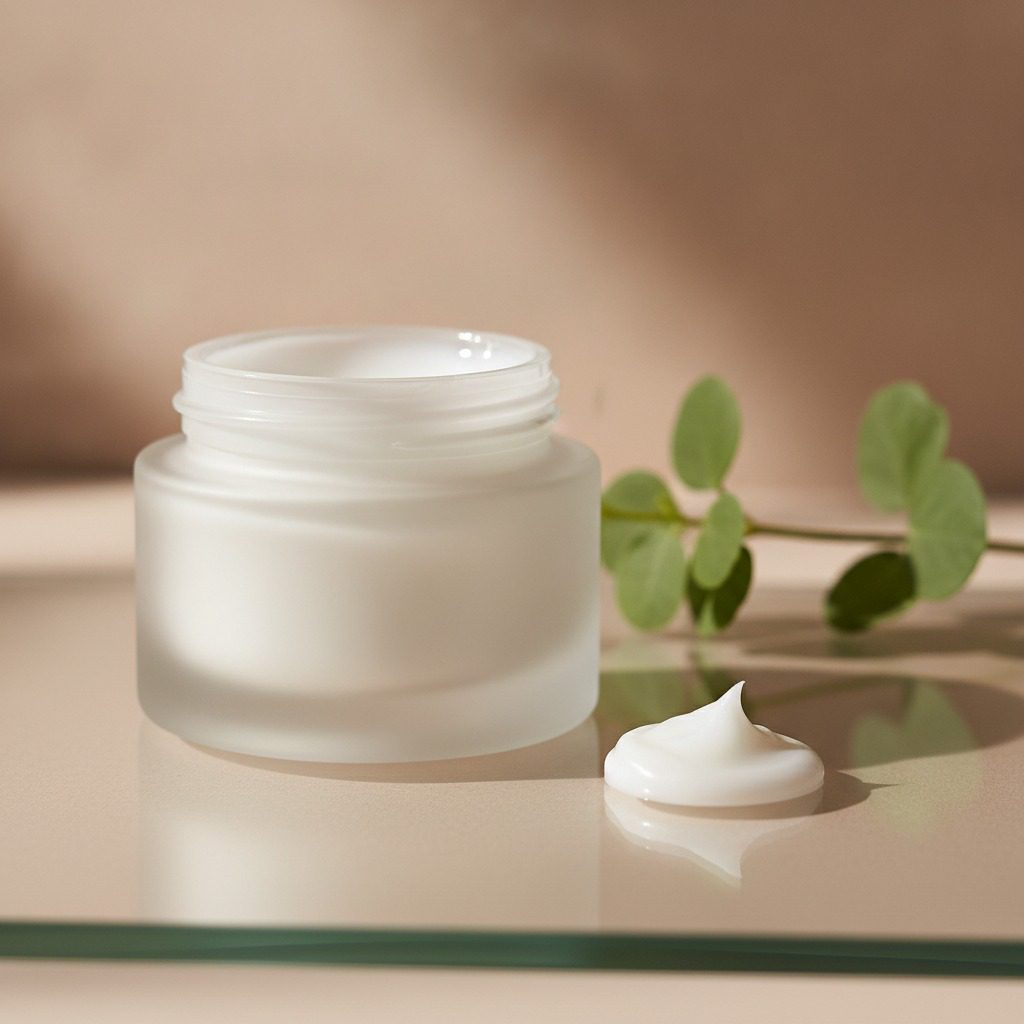 A jar of collagen face cream turned to show its ingredient list on a bright bathroom counter, illustrating how to choose skincare wisely, guidance from Agullo Plastic Surgery in El Paso.