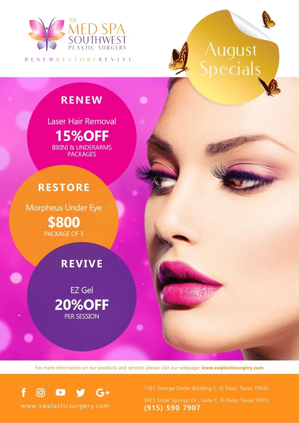 August Med Spa Specials at The Med Spa at Southwest Plastic Surgery East and West, El Paso Texas, supervised by Frank Agullo, MD, FACS, double board-certified plastic surgeon