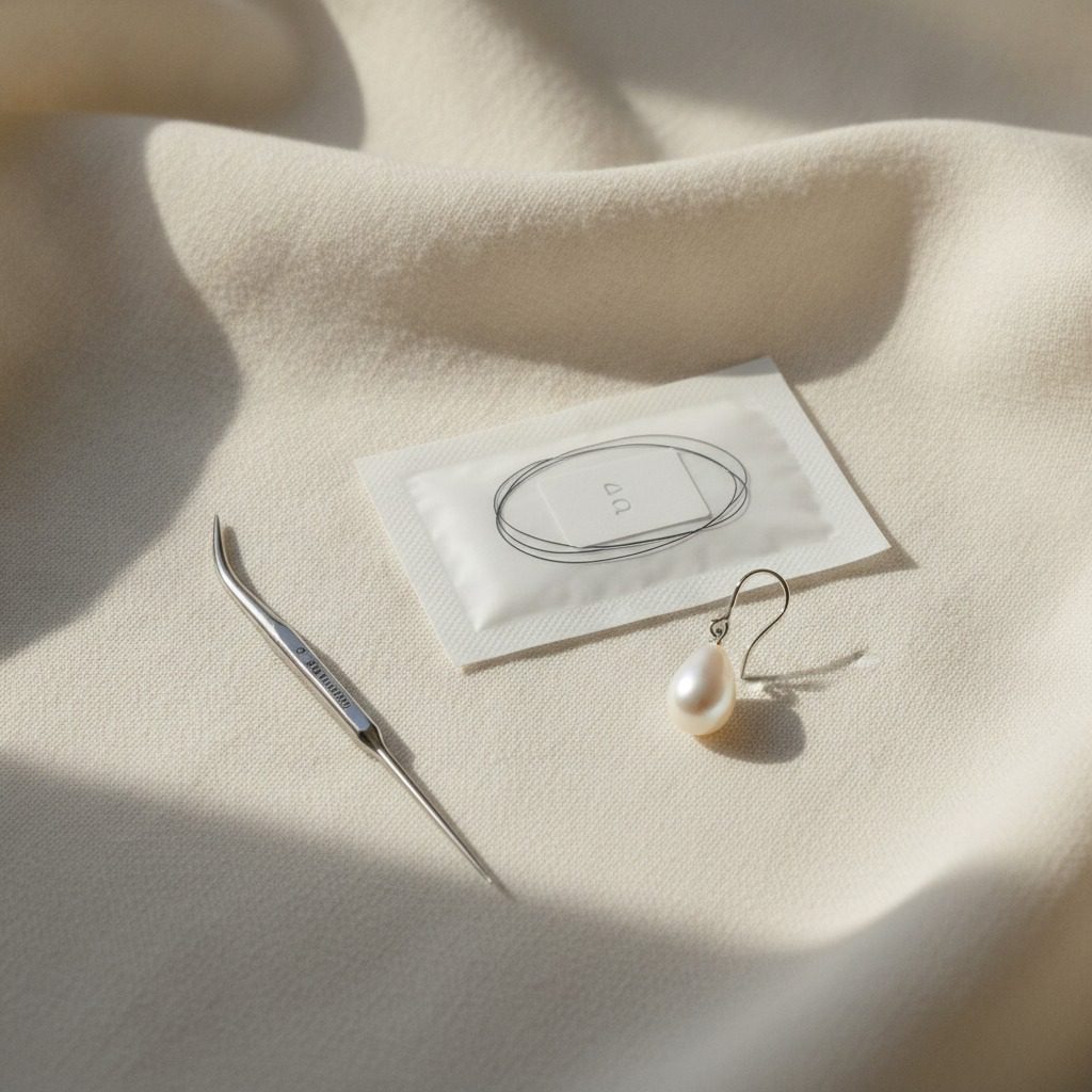 A single pearl earring beside fine suture material, illustrating in-office earlobe repair at the El Paso practice of Dr. Frank Agullo, MD, FACS.