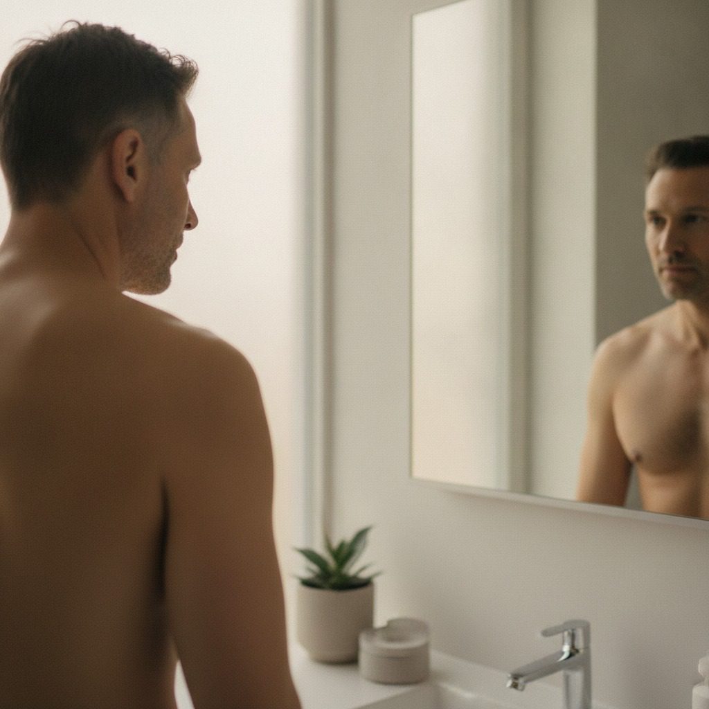 Color photograph of a man viewed from behind, looking thoughtfully at his own reflection in a bathroom mirror. Gynecomastia surgery cost consultation with Frank Agullo, MD, FACS, in El Paso, Texas.