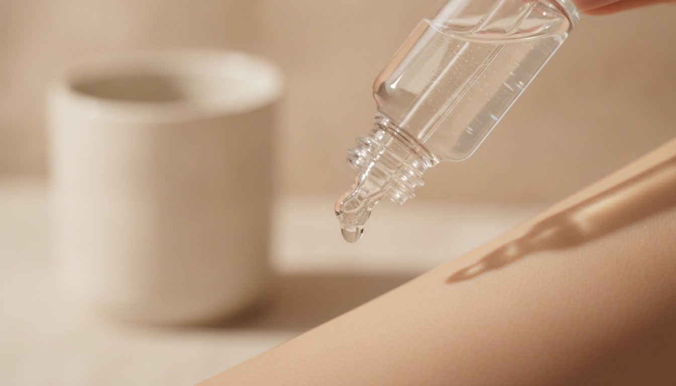 Color photograph of a dropper bottle of serum against bare skin. Hyaluronic acid serum consultation with Frank Agullo, MD, FACS, in El Paso, Texas.