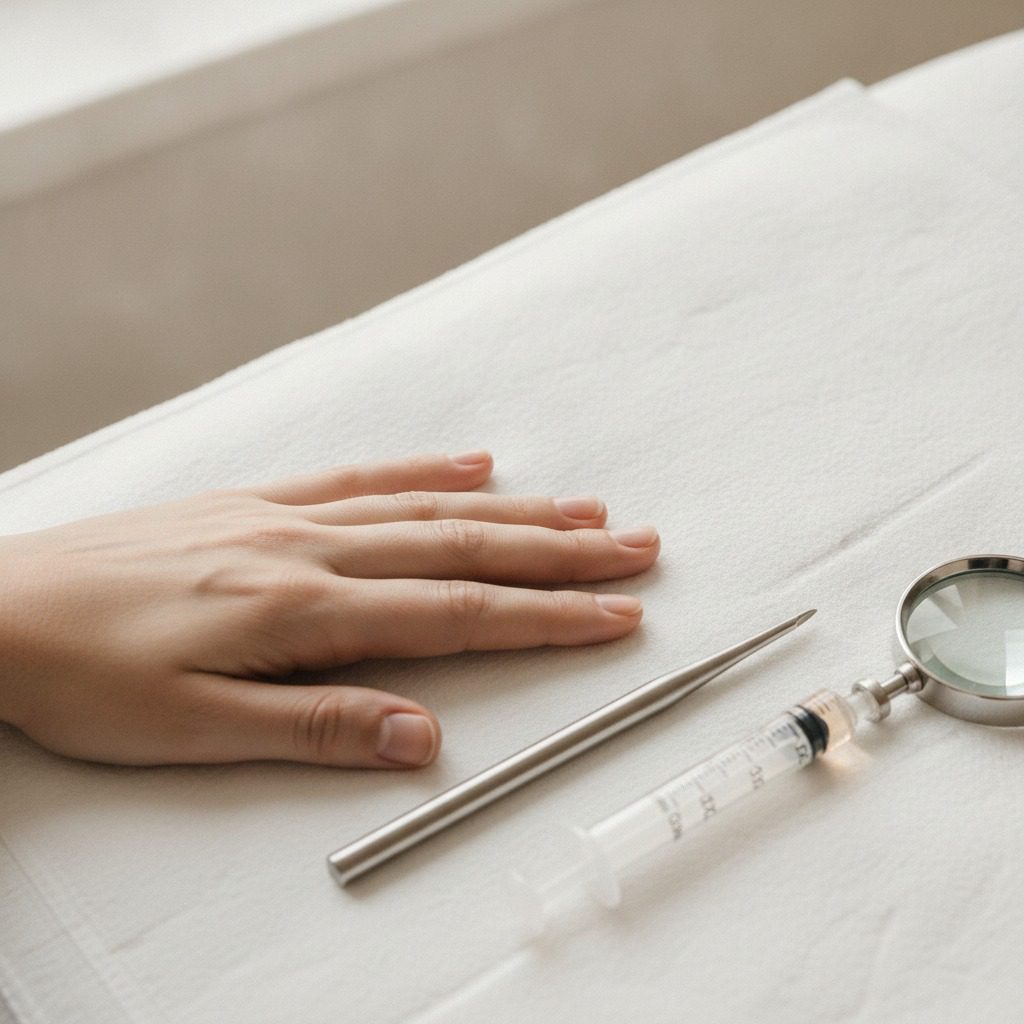 Color photograph of a hand resting on a sterile treatment drape beside a fine cannula and a magnifying loupe. Hand filler consultation with Frank Agullo, MD, FACS, in El Paso, Texas.