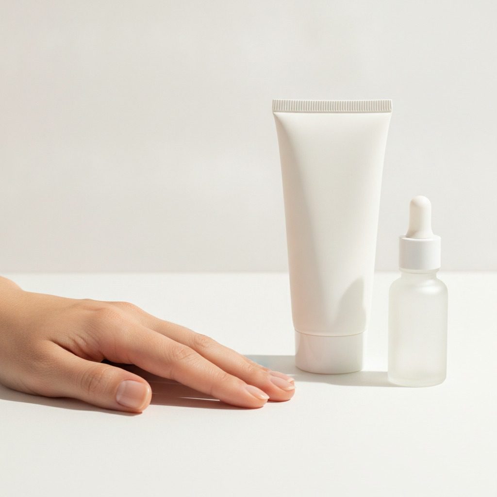 Bright clinical close-up of a hand with skincare serum, illustrating Dr. Frank Agullo's hand-aging prevention routine for Agullo Plastic Surgery in El Paso.