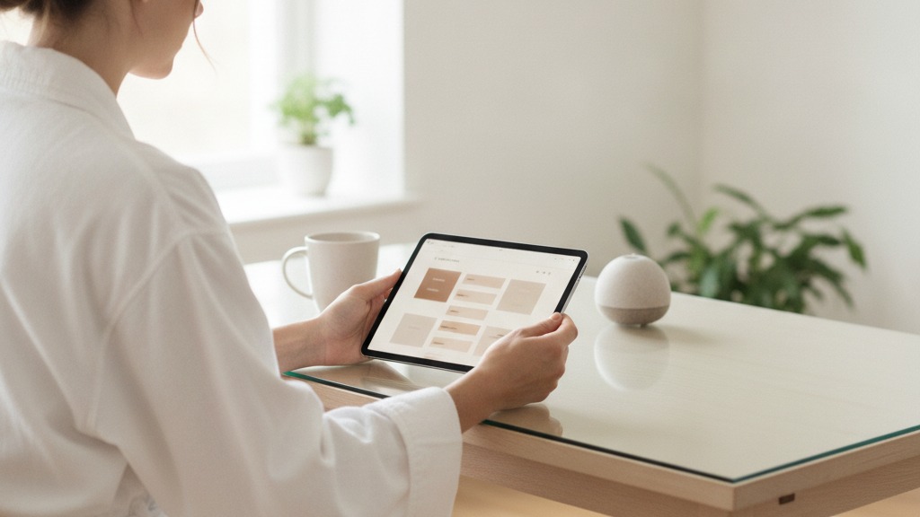 Color photograph of a woman in a white robe reviewing a medical practice website on a tablet, illustrating Dr. Frank Agullo's response to the iGlowly clinic website transparency audit in El Paso, Texas.