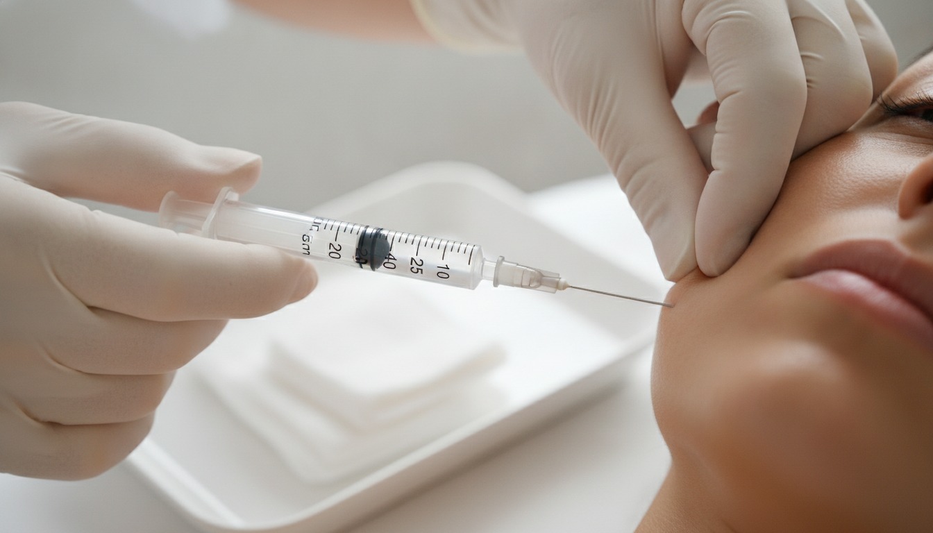 Gloved hands of a plastic surgeon treating a patient's cheek with a fine needle during a skin quality injectable treatment in El Paso.