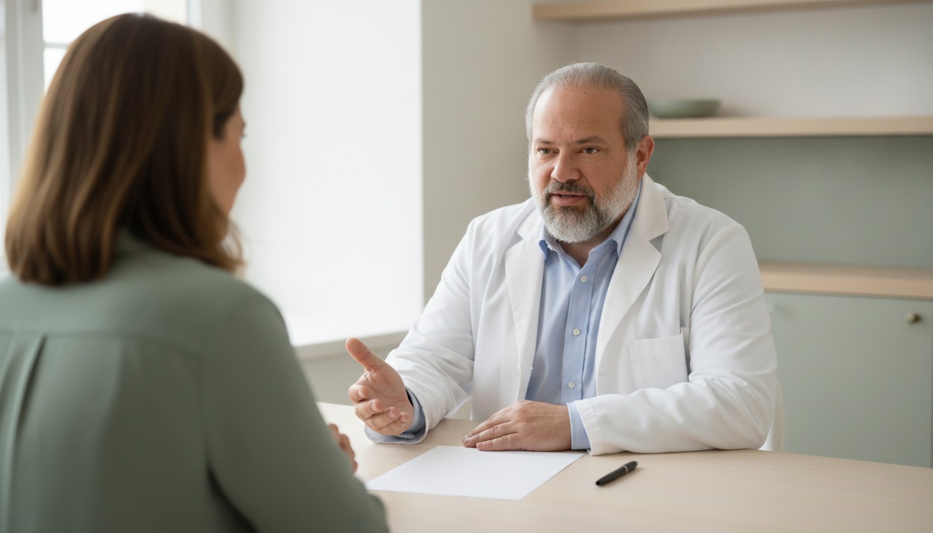 Frank Agullo, MD, FACS, seated across a consultation desk from a patient, explaining mommy makeover costs in El Paso, Texas.