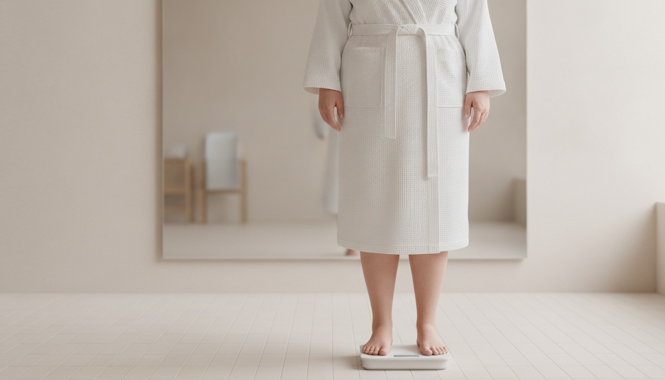 Woman in a white robe standing barefoot on a bathroom scale, illustrating medically supervised weight loss