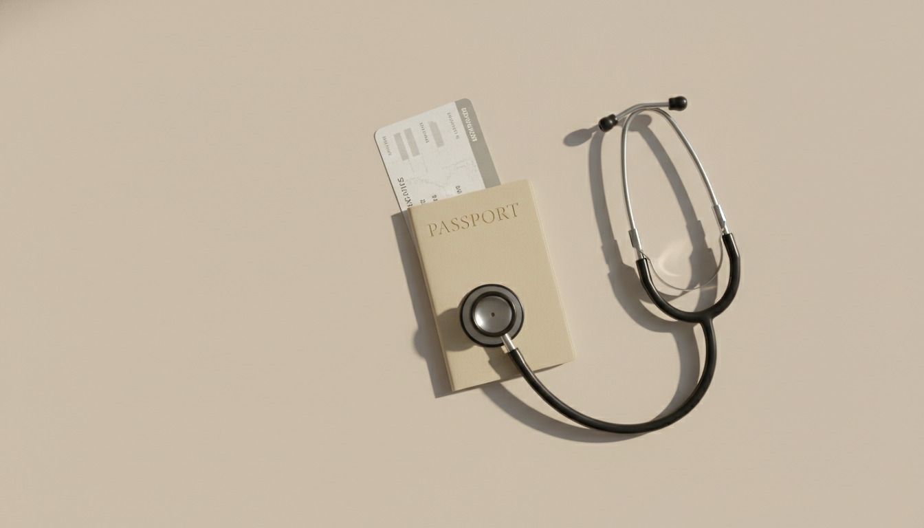 Color photograph of a passport and boarding pass beside a stethoscope. Medical tourism safety consultation with Frank Agullo, MD, FACS, in El Paso, Texas.