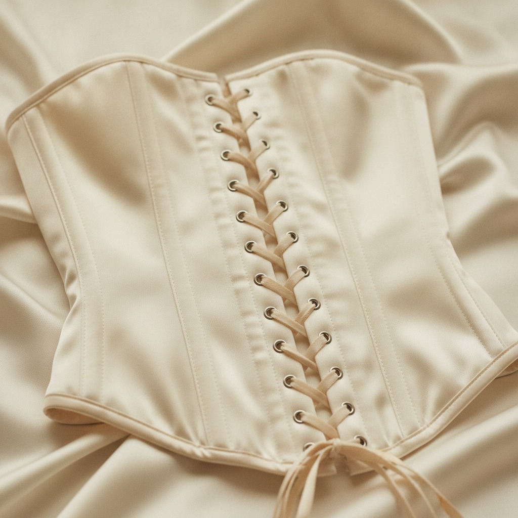 Corset seams and lacing detail on ivory fabric, illustrating the triple plication internal corset tummy tuck at the El Paso practice of Dr. Frank Agullo, MD, FACS.