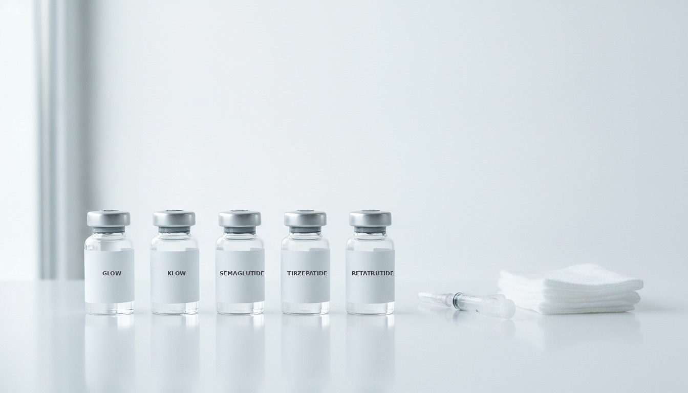 Small glass peptide vials and a syringe on a clean clinical surface, illustrating pre-operative peptide screening in El Paso, Texas.