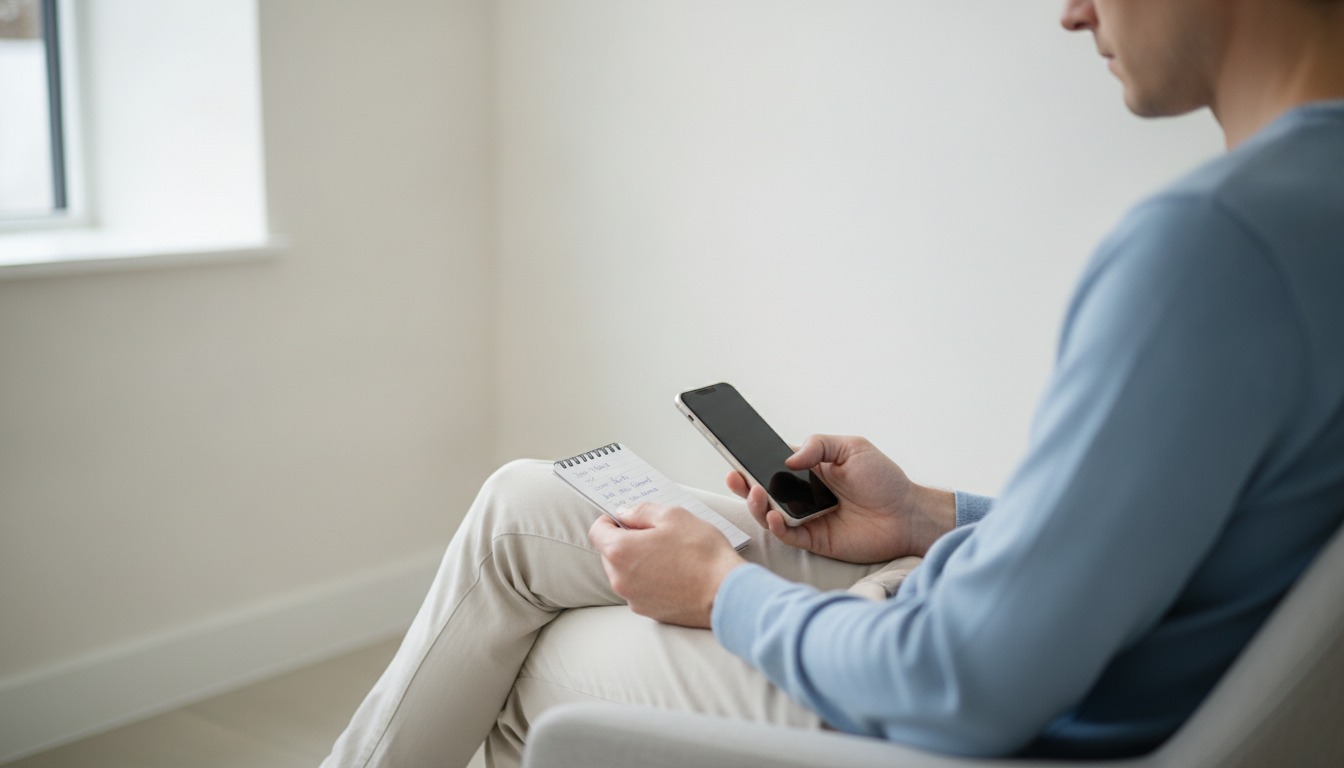 Patient reviewing a written list of questions on a phone before a consultation with Frank Agullo, MD, FACS, in El Paso, Texas.