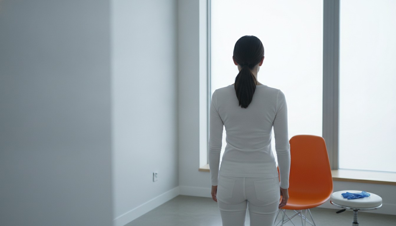 A woman in a fitted white top seen from behind in a bright grey consultation room, orange exam chair and a stool with blue gloves beside her, daylight through a window. Illustrative image, not a patient. Frank Agullo, MD, FACS, El Paso, Texas.