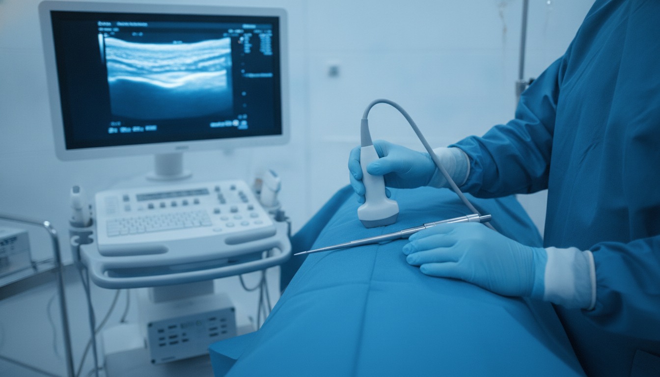 A surgeon's gloved hands holding an ultrasound probe against a draped surgical field during gluteal fat grafting, with the depth of the cannula visible on the screen. Frank Agullo, MD, FACS, El Paso, Texas.