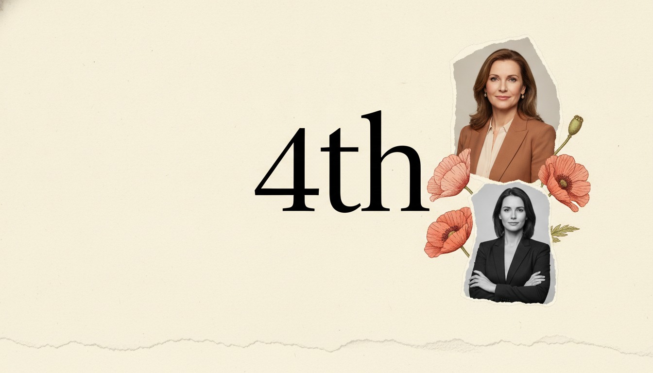 Editorial collage on cream paper, cut-out portraits of poised women with torn edges layered with engraved poppies beside a large numeral reading 4th.