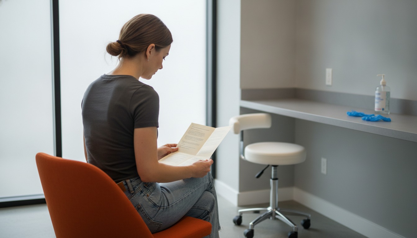 A woman seated on an orange exam chair in a bright grey consultation room, seen from behind at a three-quarter angle, reading a printed fee sheet, with a rolling stool and blue gloves nearby. Illustrative image, not a patient. Frank Agullo, MD, FACS, El Paso, Texas.