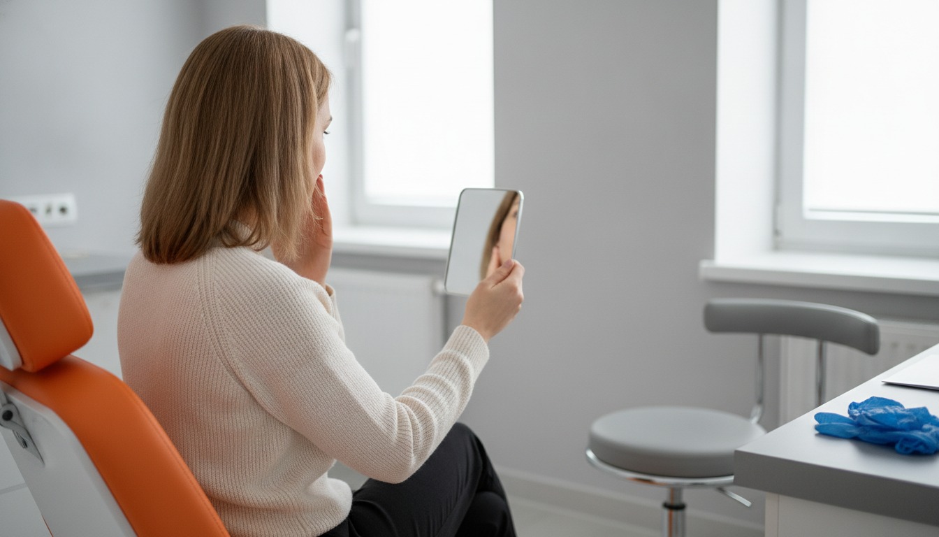 A woman seen from behind in a bright grey consultation room, seated on an orange exam chair, one hand lightly touching her temple as she faces a mirror that shows only the side of her jaw. Illustrative image, not a patient. Frank Agullo, MD, FACS, El Paso, Texas.
