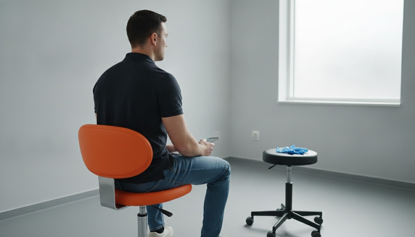 A man in a dark polo shirt seated on an orange exam chair in a bright grey consultation room, seen from behind at a three-quarter angle, with a rolling stool and blue gloves beside him. Illustrative image, not a patient. Frank Agullo, MD, FACS, El Paso, Texas.