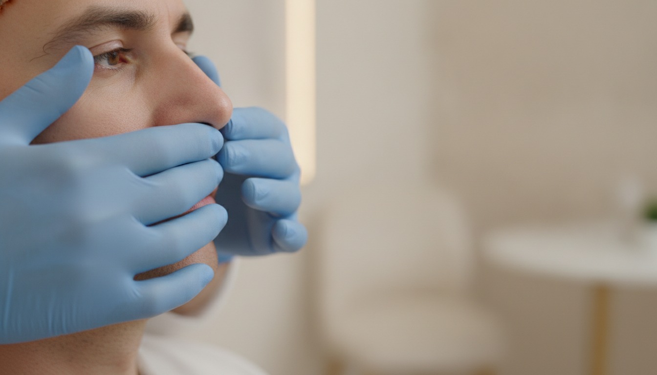 Close view of a nasal examination during a septorhinoplasty consultation with Dr. Frank Agullo, MD, FACS, in El Paso.