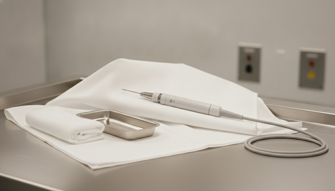 Slim electrosurgical handpiece and instrument tray on a folded sterile drape in an operating room, illustrating helium plasma skin tightening performed by Frank Agullo, MD, FACS.
