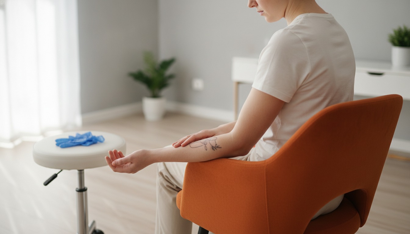 A person in a short-sleeved top seated on a bright orange exam chair in a grey consultation room, seen from a three-quarter angle from behind, looking down at a faded abstract tattoo on the forearm, blue gloves on the rolling stool nearby. Illustrative image, not a patient. Frank Agullo, MD, FACS, El Paso, Texas.