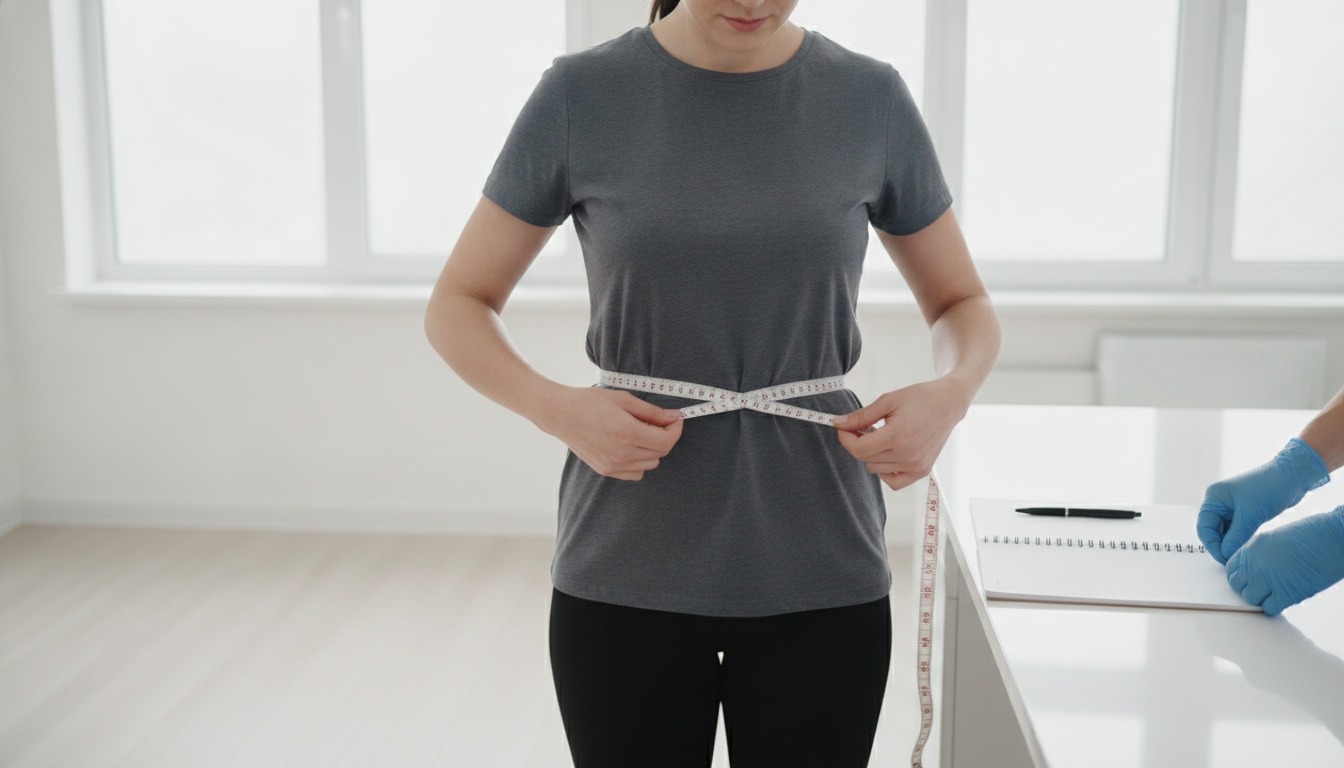 A flexible tape measure held around an adult waist at the midpoint between the last rib and the hip bone, the measurement used for the waist-to-height ratio. Frank Agullo, MD, FACS, El Paso, Texas.