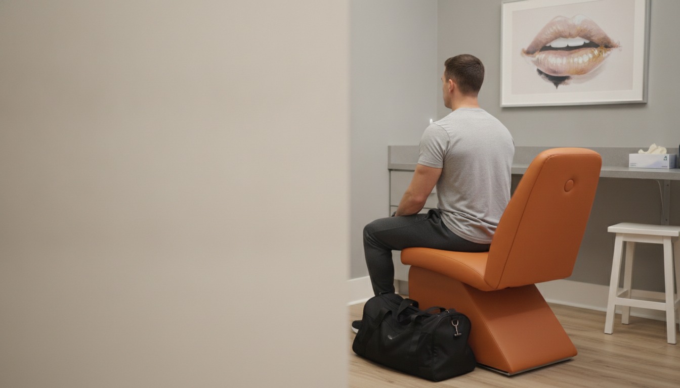 A fit man in a grey T-shirt and dark joggers seated on an orange exam chair in a grey consultation room with lip art on the wall, seen from behind, a gym bag at his feet. Illustrative image, not a patient. Frank Agullo, MD, FACS, El Paso, Texas.